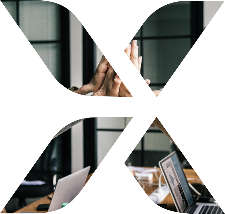 X-shaped Axsly logo in the foreground with a contemporary office workspace in the background