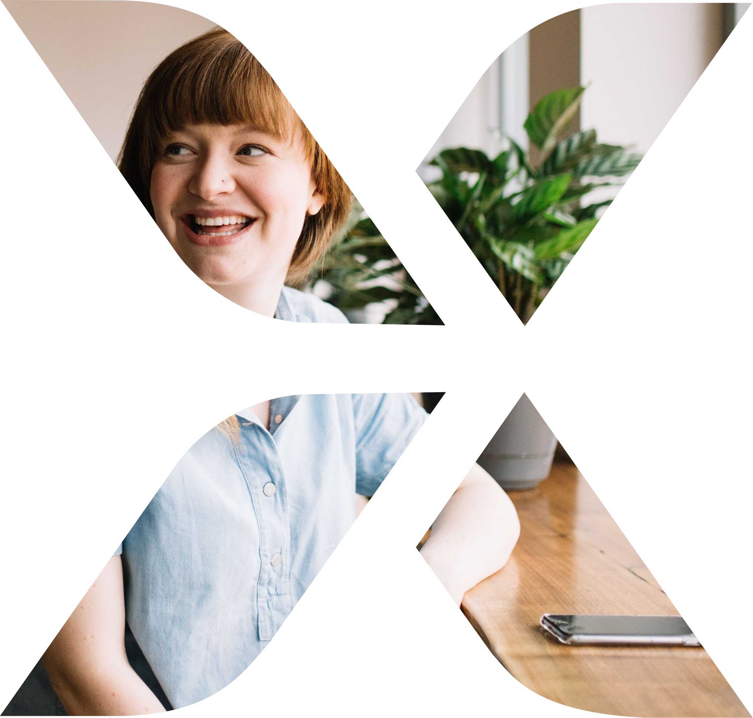 Smiling person seated at a desk, partially visible through abstract geometric logo shapes, with a plant and smartphone nearby